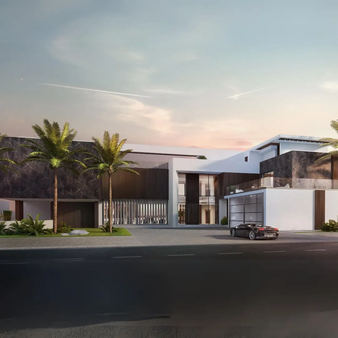 A modern desert home amidst palm trees, fusing architecture and nature.