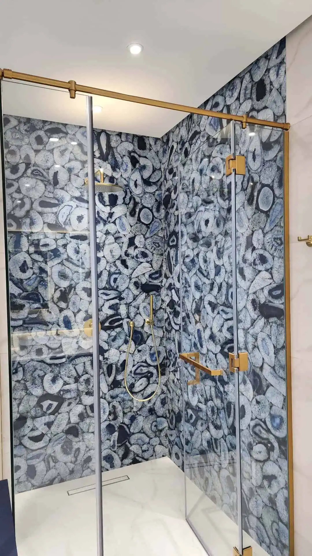 a shower with a blue and white patterned wall