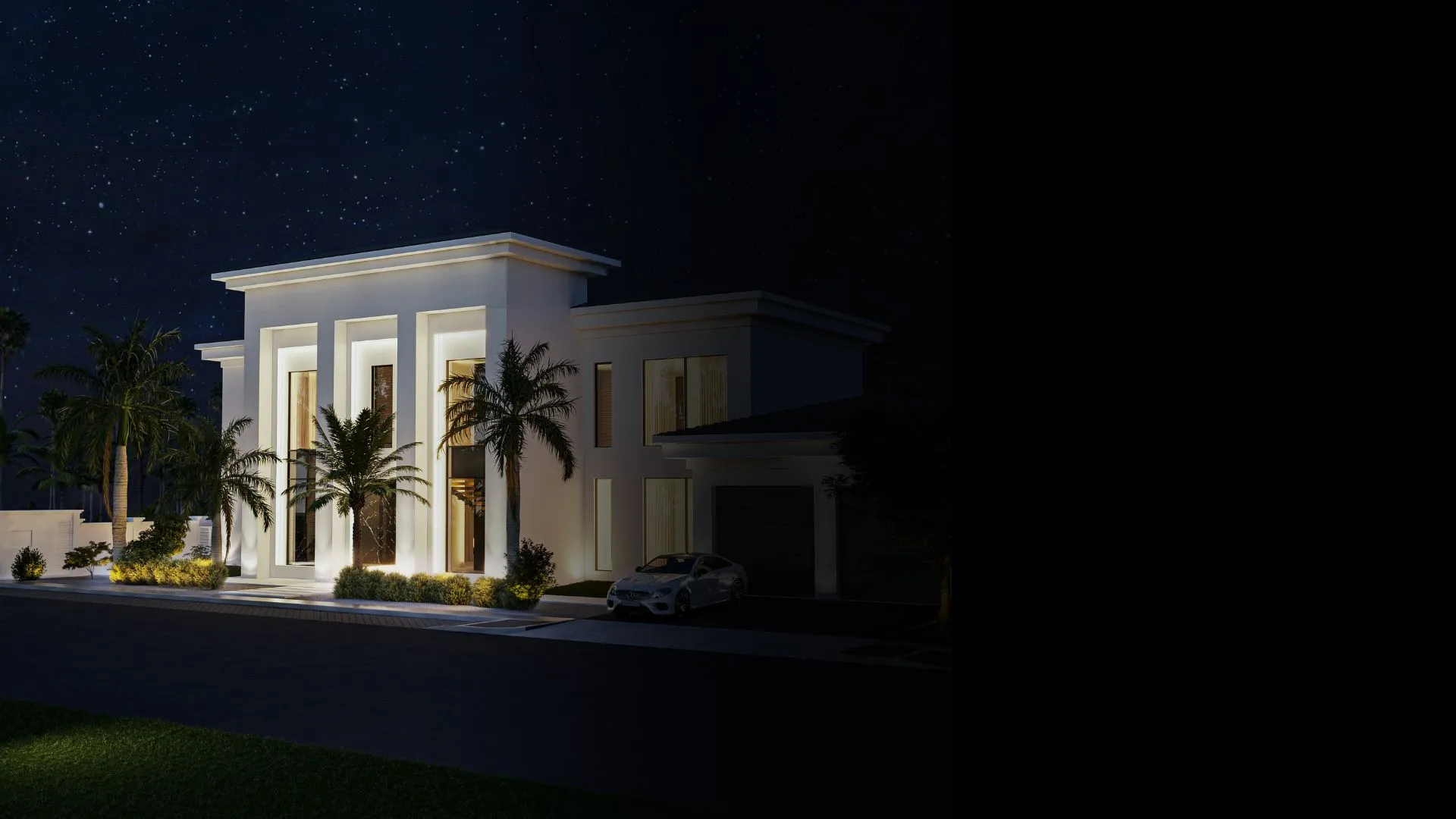 A beautiful modern home illuminated at night, showcasing its sleek design and inviting ambiance.