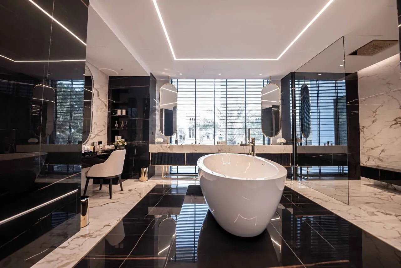 A stylish bathroom with elegant black and white marble décor.