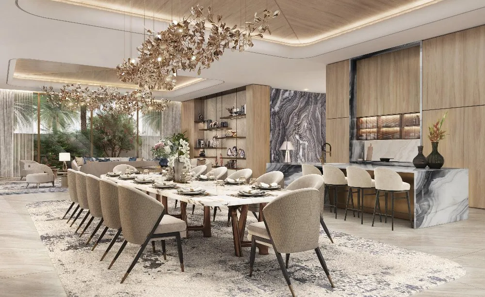 A stylish dining room with a sleek marble table and comfortable chairs, perfect for elegant gatherings.