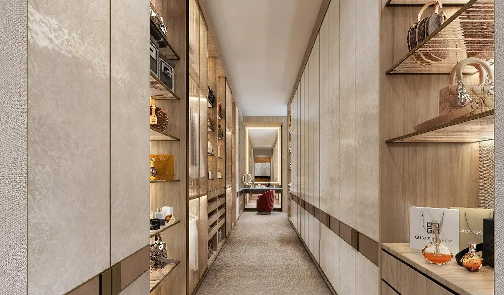  An organized hallway with shelves holding a variety of items.