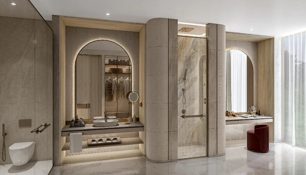 A luxurious bathroom with elegant marble walls and flooring, creating a sophisticated and timeless ambiance.